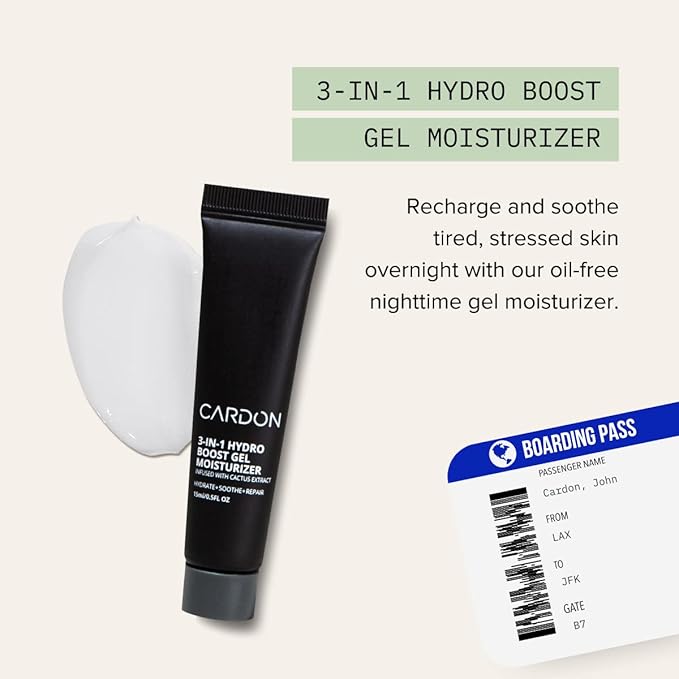 Cardon Jet Set Travel Sized Mens Skin Care Kit, Cactus Based Korean Skin Care Men, Includes SPF Sunscreen Moisturizer, Dark Circle Eye Rescue Cream, Clay Cleanser, 3-in-1 Hydro Gel, Lip Balm- Gift Set-BrightBean Baby