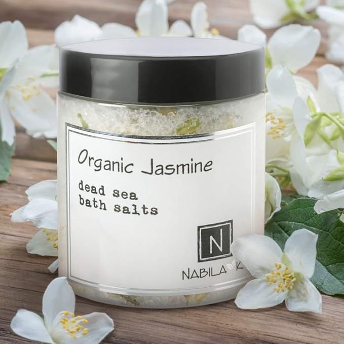 Organic Jasmine Bath Salts by Nabila K - Dead Sea Salt & Epsom Salt Scrub & Soak - Exfoliates & Hydrates Skin, Botanical Essential Oils - Bubble Bath Accessories for All Skins Types, 8 oz-BrightBean Baby
