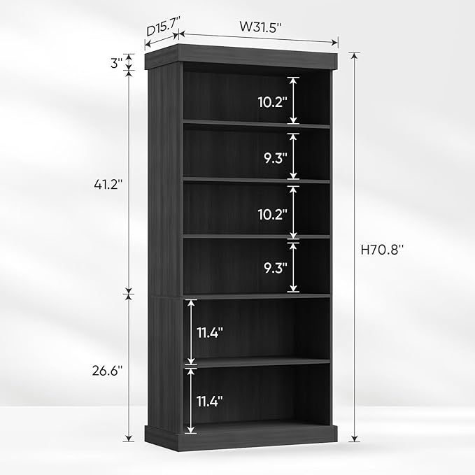 70.8" Tall Black Bookshelf, Farmhouse Modular Bookcase with 6-Tier Adjustable Shelves, Large Storage Cabinet for Home Office, Living Room