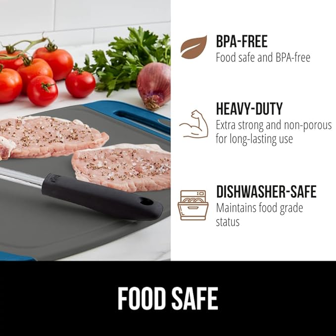 GORILLA GRIP BPA-Free Reversible Kitchen Cutting Board Set of 3, US Designed, Nonporous, Juice Grooves Catch Liquid, Slip Resistant Border, Dishwasher Safe, Durable Food Chopping Boards, Blue Gray