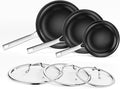 Innerwell Nonstick Ceramic Frying Pan Set,8inch&9.5inch&11inch Stainless Steel Frying Pan Skillet W/Glass Lid,Titanium Ceramic Omelet Pans,Kitchen Cooking Pan Set, Compatible W/All Cooktops