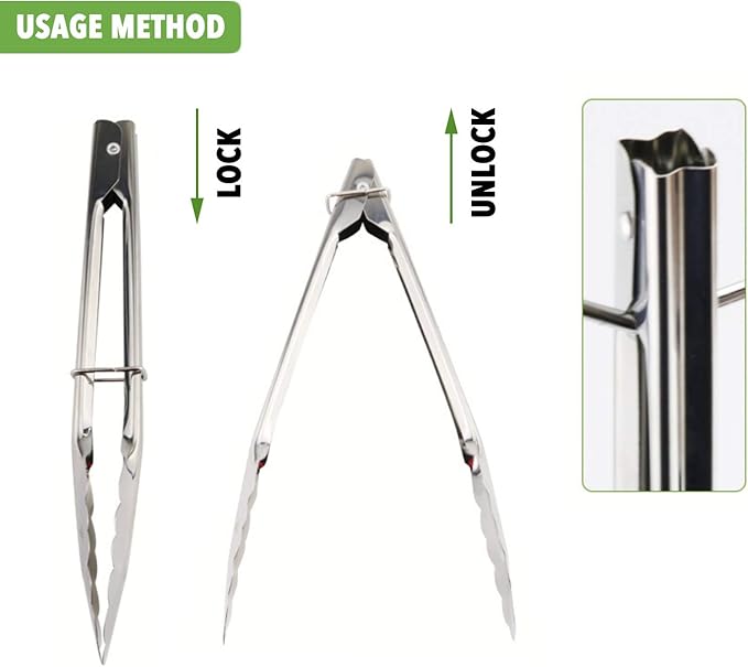 Mini Stainless Steel Food Tongs with Silding Rings 7-Inch - Set of 6 - Small Clam Shell Service Tongs for Serving Appetizers, Desserts, Salads, Barbecue and Cooking (Silver)