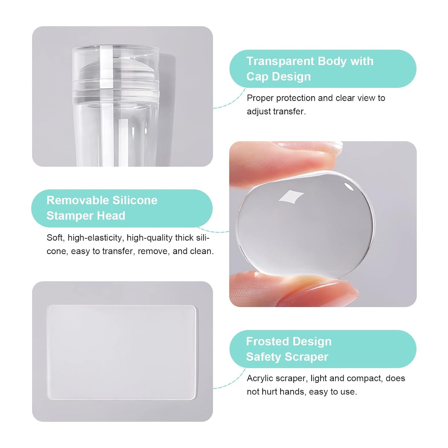 X&D Nail Art Stamper Clear Jelly Nail Art Stamping Transparent Silicone Rubber Nail Polish Stamper with Acrylic Scraper, Spare head Kit for French Tips and Transfer Images-BrightBean Baby