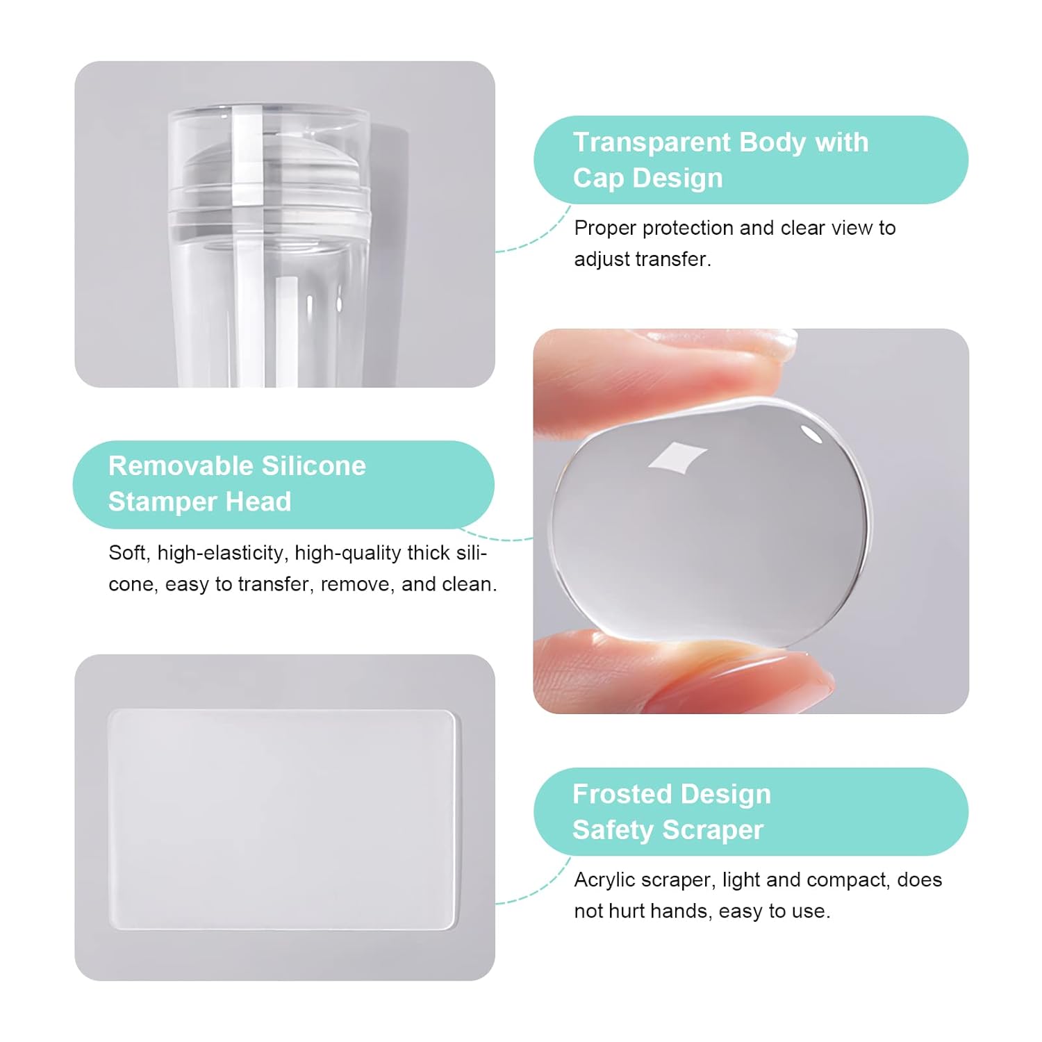 X&D Nail Art Stamper Clear Jelly Nail Art Stamping Transparent Silicone Rubber Nail Polish Stamper with Acrylic Scraper, Spare head Kit for French Tips and Transfer Images-BrightBean Baby