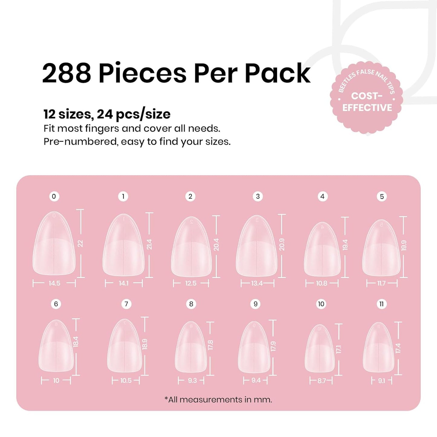 Beetles Short Almond Nail Tips - 288PCS 12 Sizes Full Matte Cover Pre-Etched & Pre-Shaped False Nails Soft Gel Nail Tips Acrylic Nail Tips Nail Extension Tips for Gel Polish DIY Manicure-BrightBean Baby