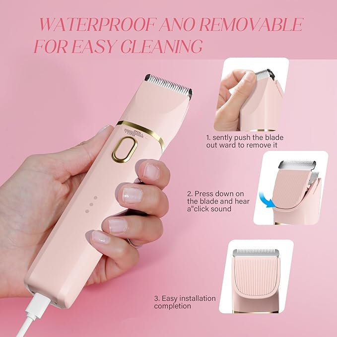 Bikini Trimmer for Women: 3 in 1 Gentle&Painless Electric Razor for Women,120min Cordless Runtime,USB Charge Dock,Ceramic Blade,IPX7 Waterproof Wet & Dry Use &Easy Cleaning Travel Grooming Kit (Pink)-BrightBean Baby