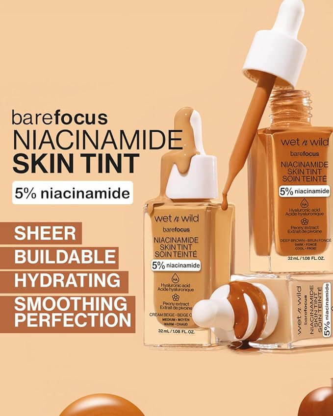 wet n wild Bare Focus Skin Tint, 5% Niacinamide Enriched, Buildable Sheer Lightweight Coverage, Natural Radiant Finish, Hyaluronic & Vitamin Hydration Boost, Cruelty-Free & Vegan - Deep-BrightBean Baby