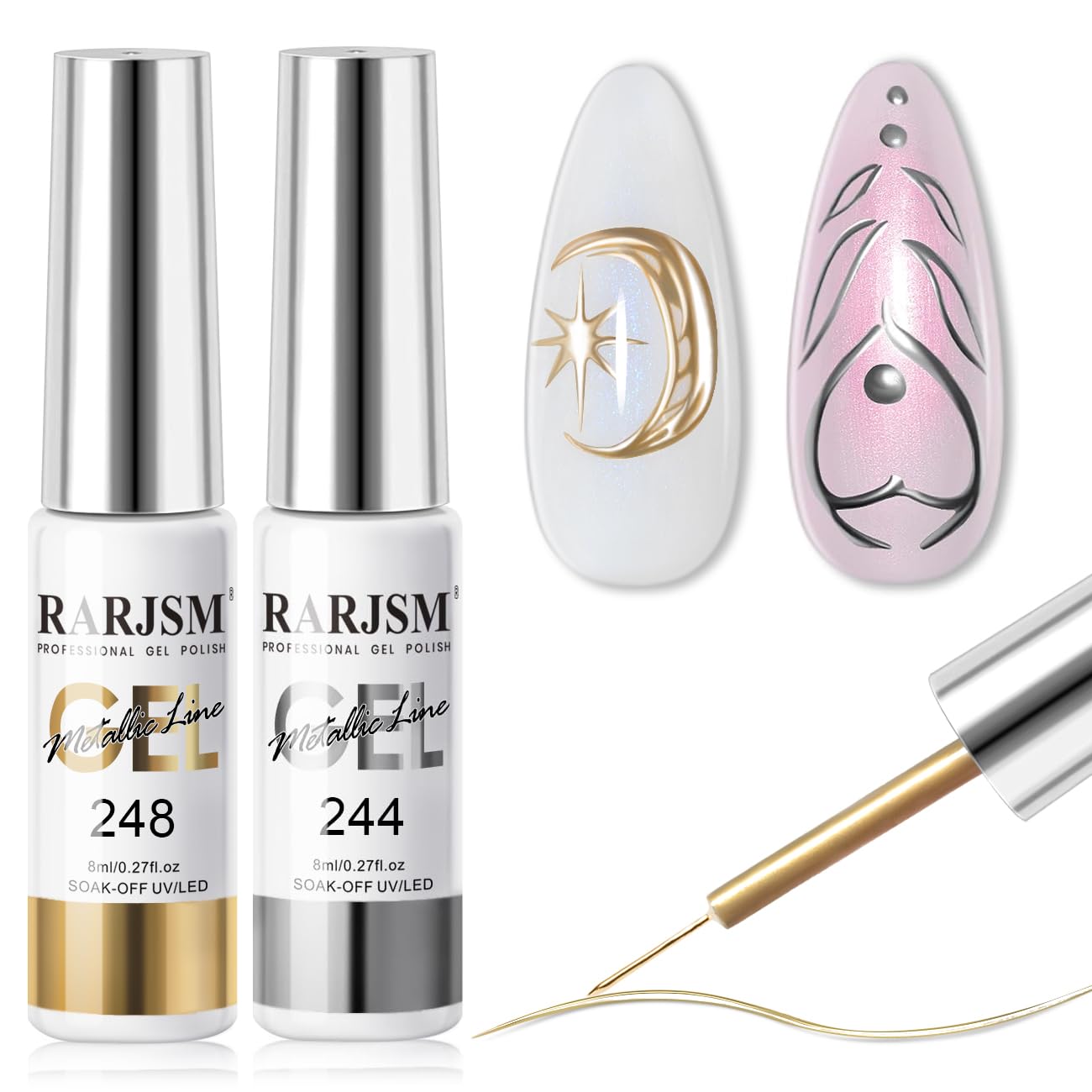 RARJSM Metallic Gel Liner Nail Art Silver Bronze Gold 2pcs Set Mirror Chrome 3D Effect Gel Nail Polish 8ml Build in Thin Brush Metal Painted Drawing Stripper Gelpolish Curing Requires for Home Salon-BrightBean Baby