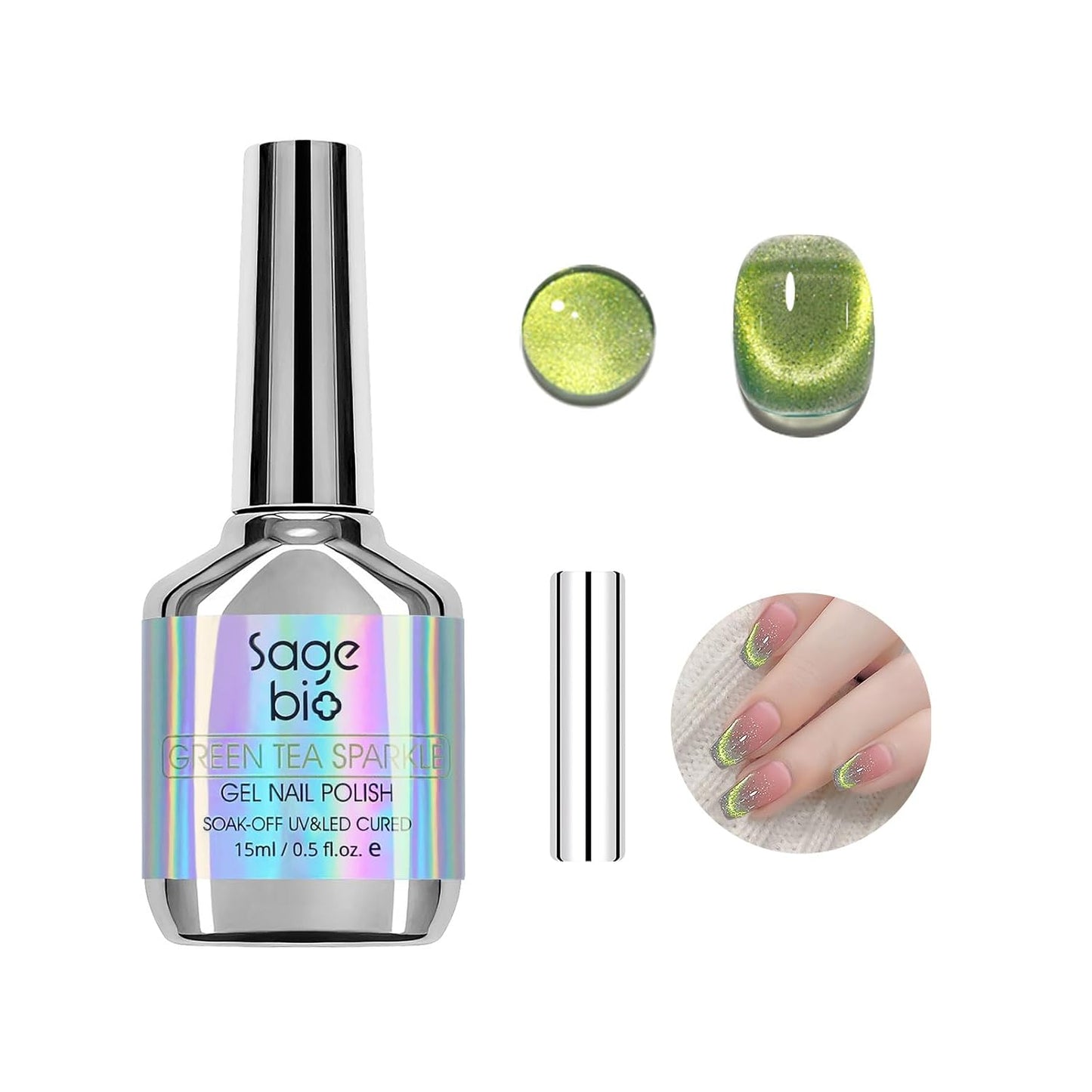Cat Eye Gel Nail Polish with Magnet Stick, 15ml Glitter Holographic Nail Polish, Magnetic Effect Gel for Home DIY Manicure Gift, Jelly Green-BrightBean Baby