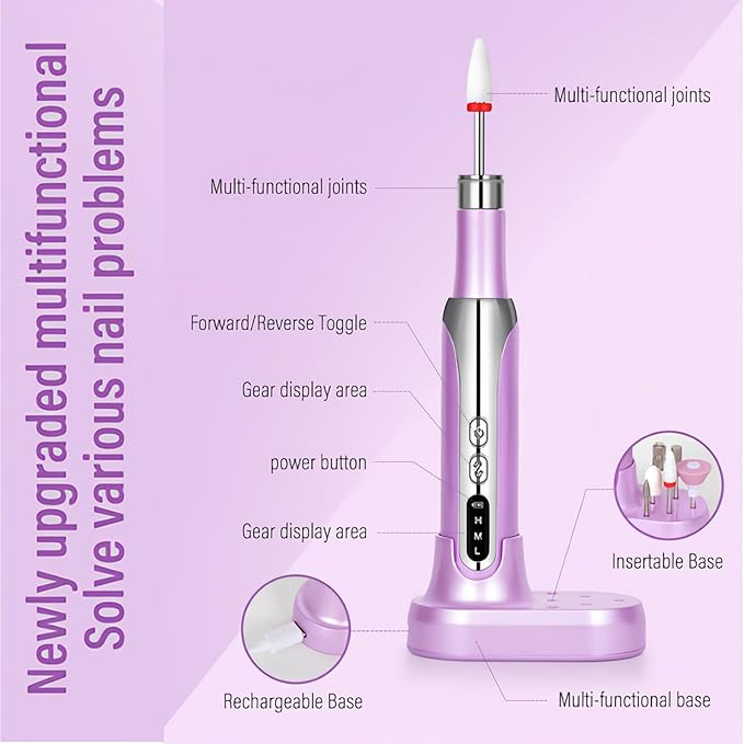 Electric Nail Drill File Cordless,Portable Rechargeable Nail File Kit for Acrylic & Gel Nails,Professional Efile for Manicure Pedicure Polishing,with 12 Nail Drill Bits 31 Sanding Bands,Purple-BrightBean Baby