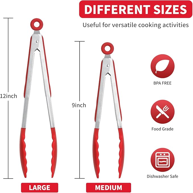 Kitchen Tongs,Set Of 3 Tongs with Silicone Tip for Cooking 9/12 Inch Stainless Steel Kitchen Tong for Meat,Food Grill,Salad,BBQ,Frying,Serving,Dishwasher (Red, 12 Inch)