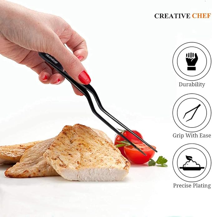 CREATIVECHEF 8 Inch Curved Stainless Steel Precision Kitchen Cooking Multi-function Tweezers Culinary Offset Tweezer Tongs (8" Curved, Bronze)