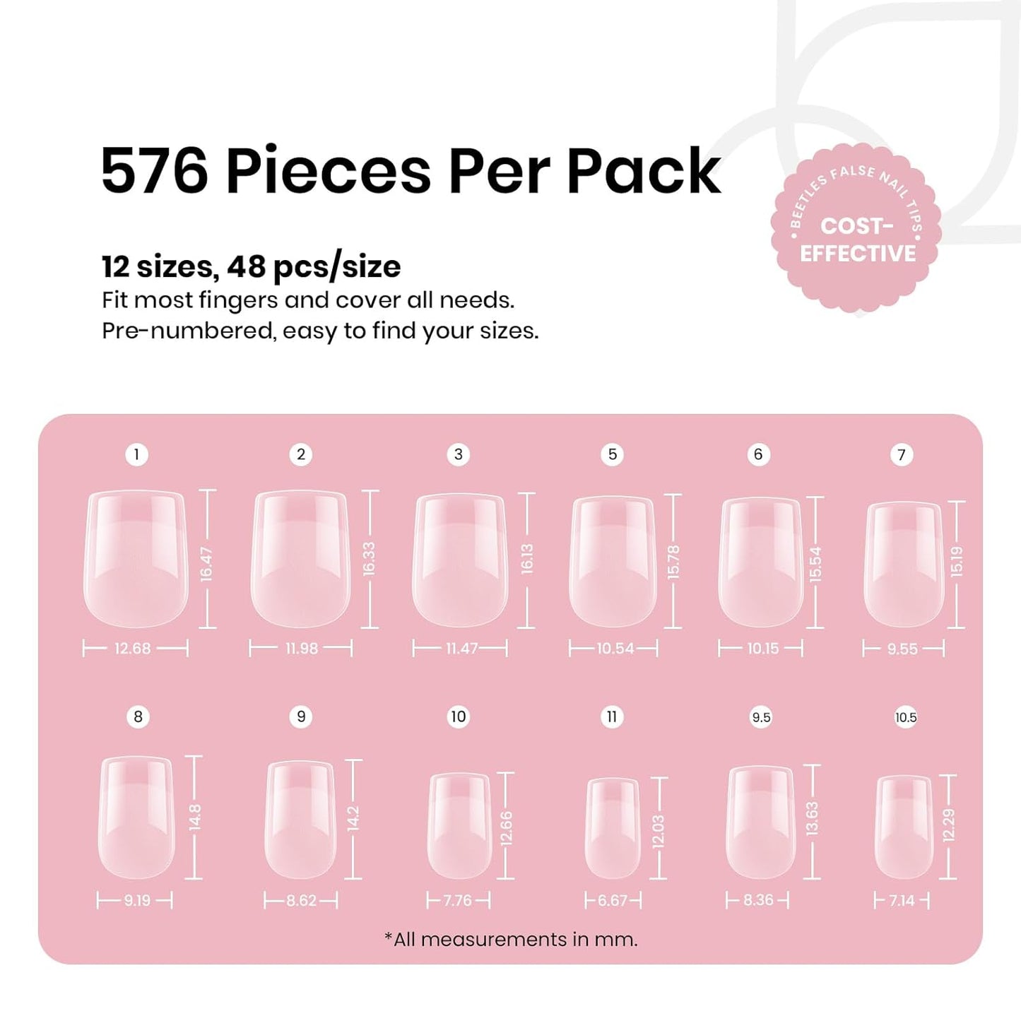 Beetles Short Square Nail Tips: 576PCS 12 Sizes XS Short Square Half Matte Clear False Acrylic Press on Nails Tips Pre-shape Full Cover Nail Tips Nail Extension DIY-BrightBean Baby