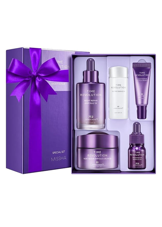 MISSHA Time Revolution Night Repair 5X Gift Set Night Repair Ampoule and Cream 5X, The First Essence 5X for Youthful, Glowing Skin-BrightBean Baby