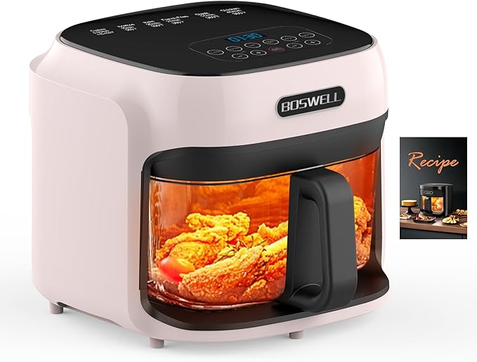 BOSWELL Glass Air Fryer, 7.5 QT with Transparent Fry Bowl, Circulating Heating, Temperature Control, Stainless Steel Air Fryer Roast, Dishwasher Safe (Pink)