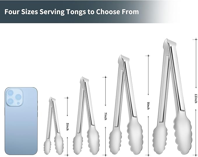4 Pack Serving Tongs for Buffet,Metal Kitchen Tongs,Stainless Steel Food Tongs, Small Tongs for serving, Silver (9IN)