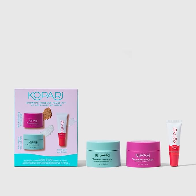 Kopari Forever Faves Bundle | Mini Organic Coconut Melt, Exfoliating Mini Coconut Crush Scrub, Clear Moisturizing Lip Glossy | Body and Lip Kit to Soothe and Hydrate Dry Skin | Cruelty Free, Vegan-BrightBean Baby