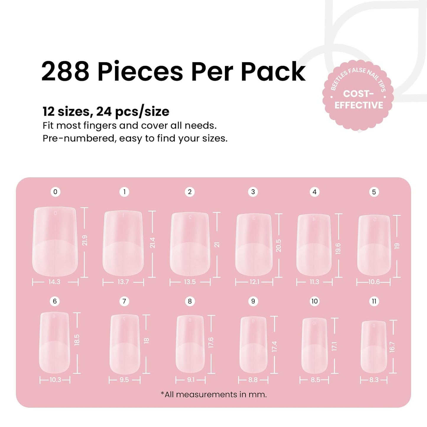 Beetles Short Square Nail Tips, 12 Sizes 288pcs French Full Matte Soft Pre-shaped Etch X Nail Tips, Full Cover False Nails Fake Acrylic Nails No Filing Needed for Nail Extensions Home DIY Nail Salon-BrightBean Baby