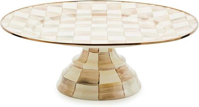 MACKENZIE-CHILDS Enamel Pedestal Platter, Round Cake Stand, Mini, Brown-and-White Mocha Check