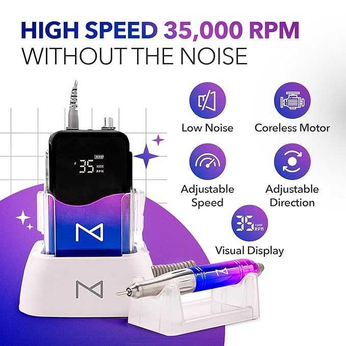 M Mase- Professional Nail Drill Machine - Coreless 2-in-1 Nail File - Electric, Cordless, 35000 RPM, HD Display - Electric Nail Drill for Professional & Home Use (Unicorn Pink Blue)-BrightBean Baby