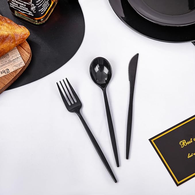 PULOTE 150PCS Black Plastic Silverware Set Disposable - Heavy Duty Black Plastic Cutlery - Black Plastic Utensils Set Include 50 Forks,50 Spoons,50 Knives for Party&New Year