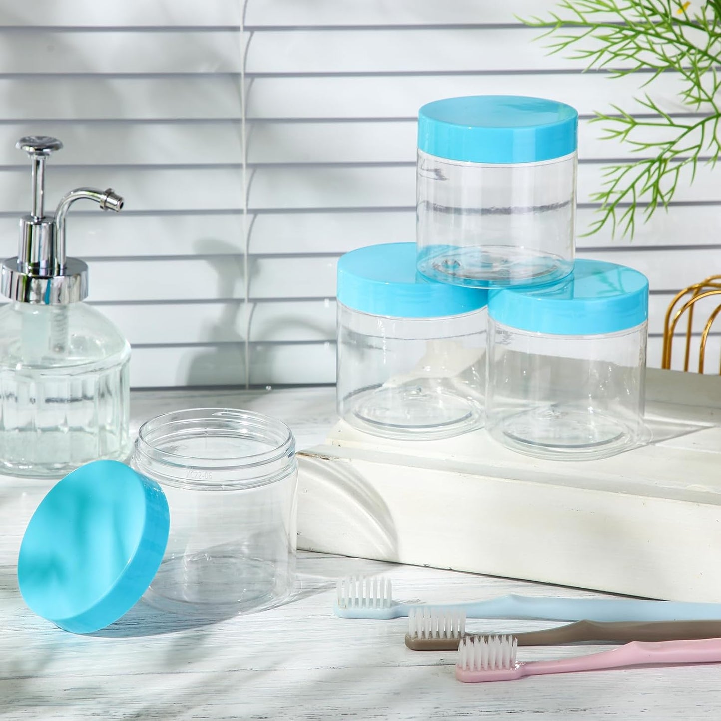 SATINIOR 100 Pcs Plastic Jars with Lids Small Containers Lids Wide Mouth Small Plastic Containers for Lotion Cream Rhinestones Body Butters Travel Storage(10 oz, Blue)-BrightBean Baby