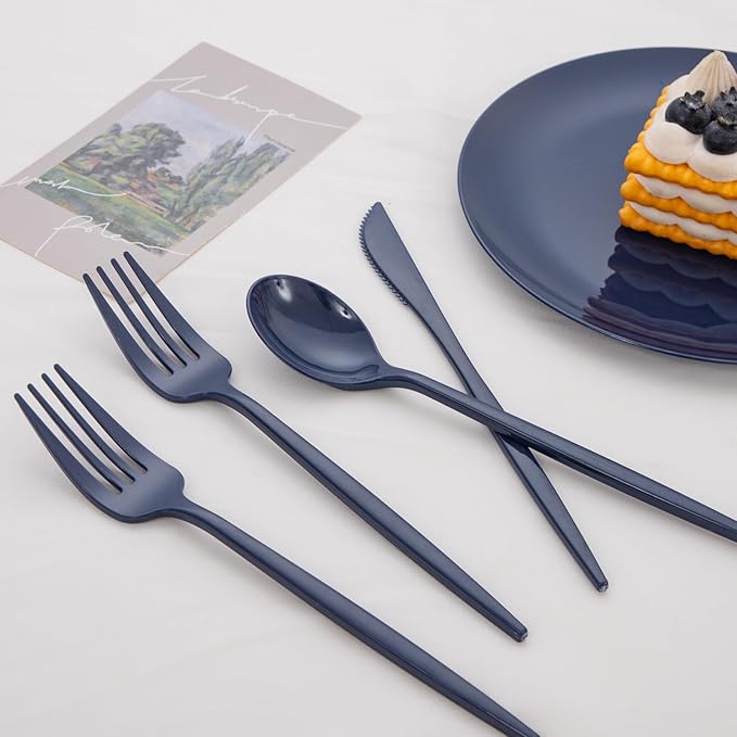 PULOTE 150PCS Blue Plastic Silverware Set - Plastic Cutlery Disposable - Heavy Duty Blue Plastic Utensils Include 50 Forks, 50 Knives,50 Spoons for Party&Wedding