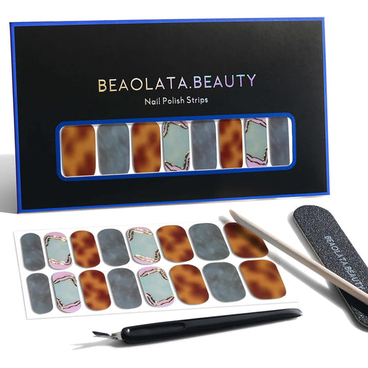 Nail Polish Strips, 32PCS Salon Quality Wraps, Long Lasting Gel Nail Stickers for Women Easy Apply& Remove (Scottish Pebbles Blue&Brown)-BrightBean Baby