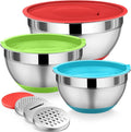 P&P CHEF Mixing Bowl with Lids Set of 3, Stainless Steel Nesting Salad Bowls for Serving Preparing, 3 Grater Attachments & Non-Slip Bottoms, Size 1.5/2.6/4.6 QT, Multicolor