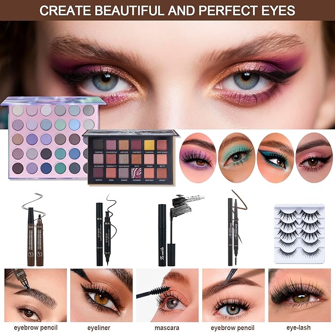 All in One Makeup Kit for Women Full Kit,Travel Makeup Set,Makeup Gift Set for Girls & Teen,Professional Makeup Kit Includes lash Clusters Kit Eyeshadow Lipstick Brow Pencil Eyeliner Brush Set-BrightBean Baby