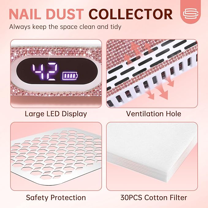 Nail Dust Collector, Rechargeable Dust Collector Nail Tech, Powerful Vacuum Fan Vent Dust Collector Extractor Dust Suction Machine for Acrylic Nails Polishing, Nail Salon&Home, Pink-BrightBean Baby
