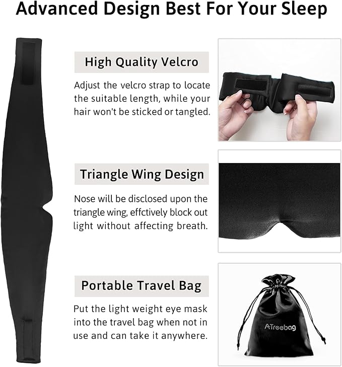 Silk Sleep Mask for Women Men, Mulberry Silk Eye Sleeping Mask & Blindfold with Adjustable Velcro Strap, Blackout Eye Cover for Sleep Travel Yoga Nap, Large Size, Black-BrightBean Baby