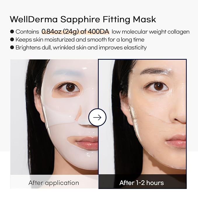 WELLDERMA Sapphire Collagen Face Mask Premium Impact Fitting Overnight Face Mask 16EA-Korean Face Sheet Mask for all skin type-Hydrating facial mask sheets-Patented Structure Hydrogel Type-Niacinamide-BrightBean Baby