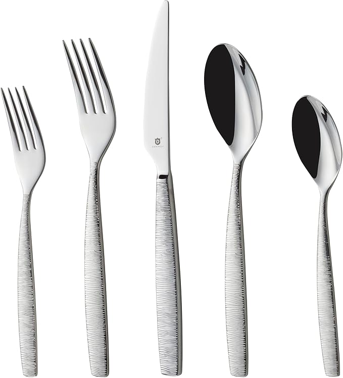 Engraved Silverware Set for 12 | 18/10 Stainless Steel Flatware with Mirror Finish and Engraved Handles | Heavy-Duty, Dishwasher Safe, Built to Last (60-Piece, Mezzano Engraved)
