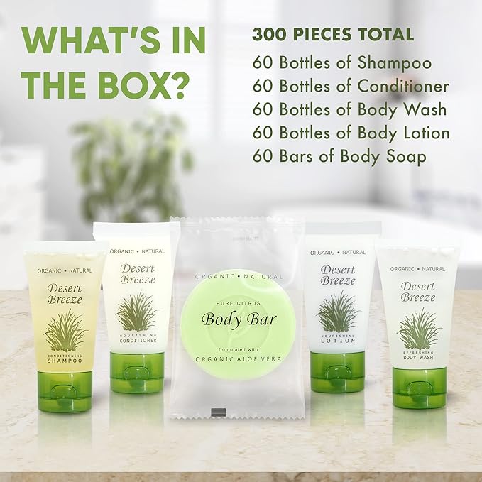 Desert Breeze Hotel Soaps and Toiletries Bulk Set | 1oz Hotel Shampoo & Conditioner, Body Wash, Body Lotion & Bar Soap | Travel Size Toiletries 300 Pieces-BrightBean Baby