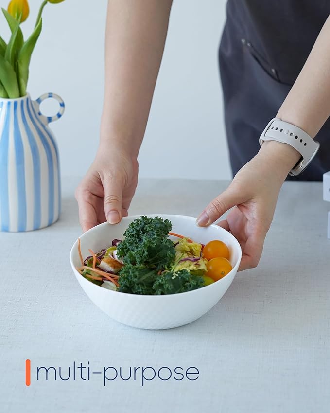 27 OZ Max Cereal Soup Bowl Set of 6, Opal Glass 7.2 inch White Geometric Faceted Bowls for Ramen, Noodle, Salad, Fruit, Dishwasher and Microwave Safe