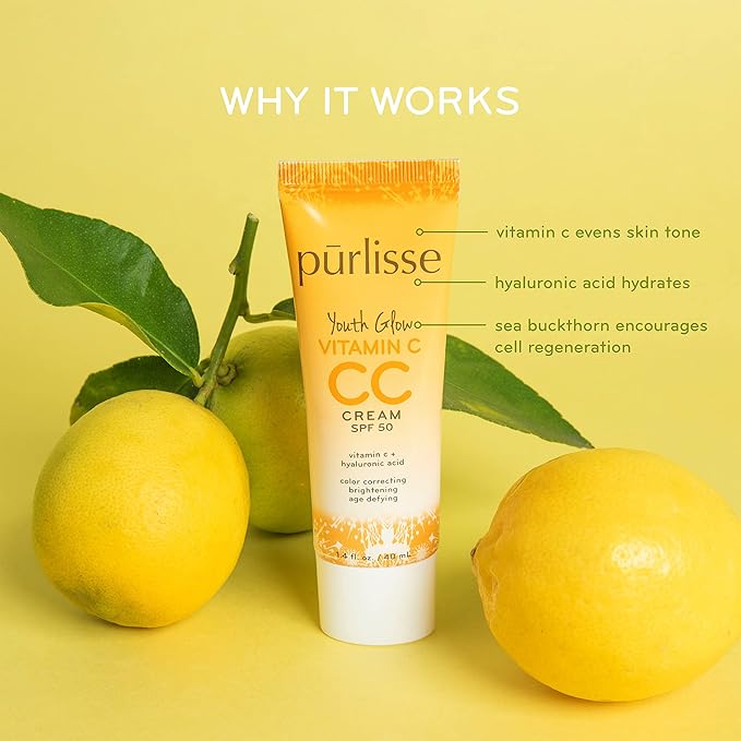 pūrlisse Youth Glow Vitamin C CC Cream SPF 50: Cruelty-Free & Clean, Paraben & Sulfate-Free, Full Coverage, Hydrates with Hyaluronic Acid | Light Medium 1.4oz-BrightBean Baby
