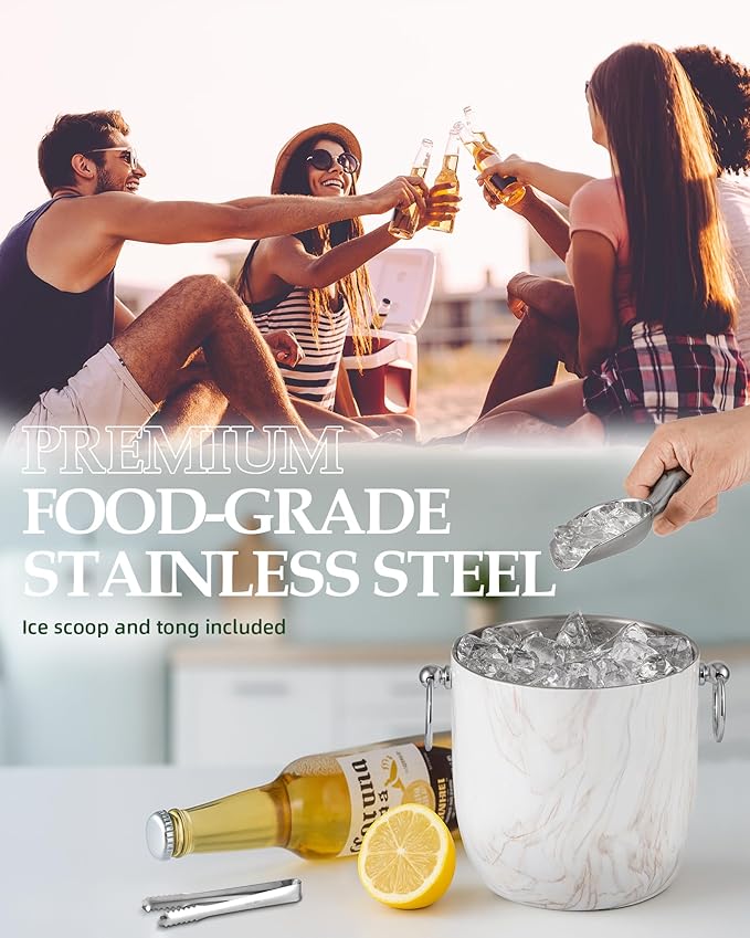 Insulated Ice Bucket, 3L Double Wall Stainless Steel Ice Bucket with Tongs,Lid, Scoop and Strainer, Ice Buckets for Parties,Cocktail Bars, Chilling Beer, Champagne, Wine Bottles