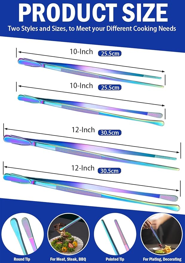 JETKONG 4 Pcs Kitchen Tweezers, 12'' and 10'' Stainless Steel Cooking Tweezers Set, High-Precision Tweezers Tongs for Cooking, Repairing, Seafood and BBQ (Rainbow)