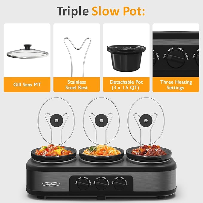Sunvivi Triple Slow Cooker, Buffet Food Warmer with 3 * 1.5 Quarts Removable Ceramic Pots, Buffet Servers and Warmers with Glass Lids and 3 Spoons, Stainless Steel, Grey