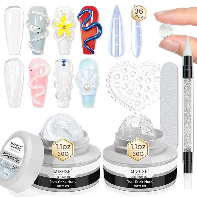 MIZHSE Solid Builder Gel for Nails Kit: 2PCS 30g 3D Pearl White & Clear Hard Gel for Nailswith Nail Forms 3D Silicone Mold Soak off U V LED Builder Gels for Extension Home Manicure-BrightBean Baby