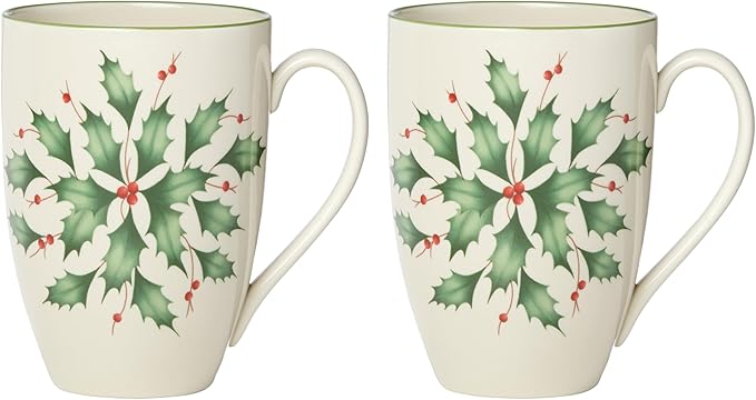 Lenox Coffee Mugs, Hosting The Holidays 2-Piece Holly 14 Oz Mug Set, Ivory Porcelain, Dishwasher and Microwave Safe, Christmas Holly Drinkware Set, Christmas Decorations (White/Green, 14 Oz, 2 Pieces)