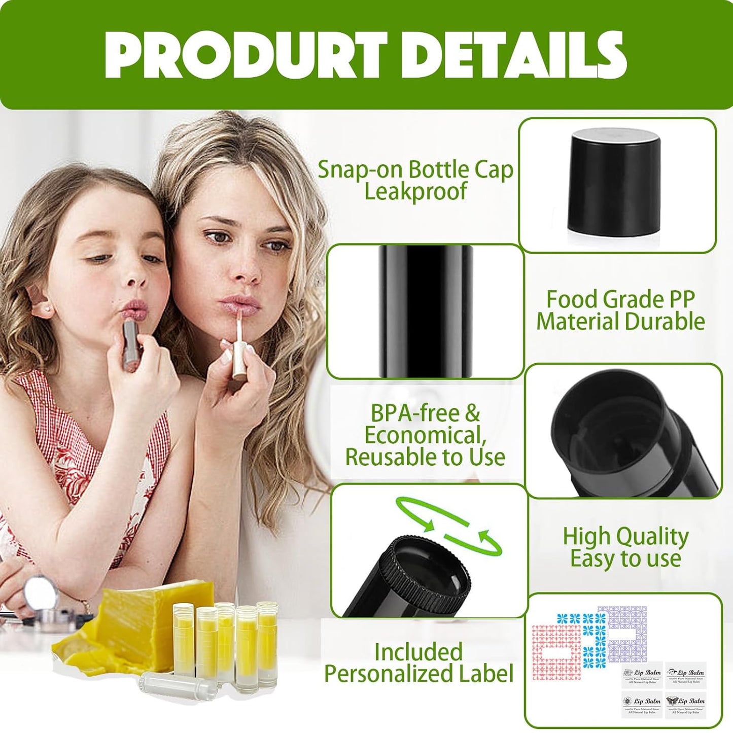 Lip Balm Tubes with Filling Tray and Spatula, 60 Empty Lip Balms Containers with Caps (Clear+Black), 60 Writeable and 60 Printed Stickers, BPA Free, Make Natural Lip Balm Kit for DIY-BrightBean Baby