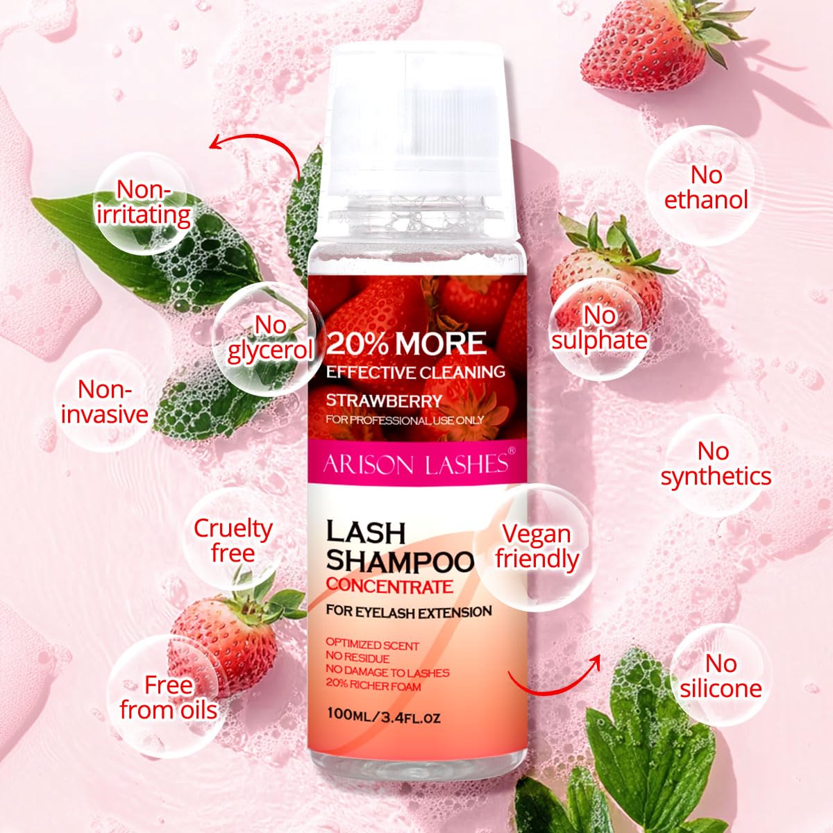 ARISON LASHES Lash Shampoo Concentrate for Lash Extensions 100ML Eyelash Cleanser Concentrate Oil-Free Eyelash Extension Shampoo with Salon Home Care(Strawberry)-BrightBean Baby