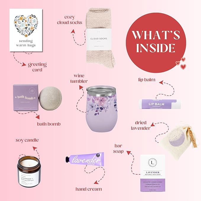 Unboxme Lavender Spa Gift Basket For Women - Relaxation Gifts I Self Care Package with Lavender Scented Candle, Wine Tumbler, Bath Bomb, Soap, Socks, Hand Cream & Bonus Card | Sympathy Gift-BrightBean Baby