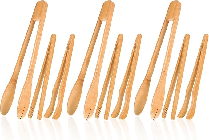 Zopeal 9 Pcs Christmas Kitchen Gift Set Bamboo Utensils for Cooking Wooden Toaster Tongs Long Cooking Salad Tongs for Picking up Cheese Bacon Toast Cake Fruits Bread Spaghetti for Kitchen Women Men