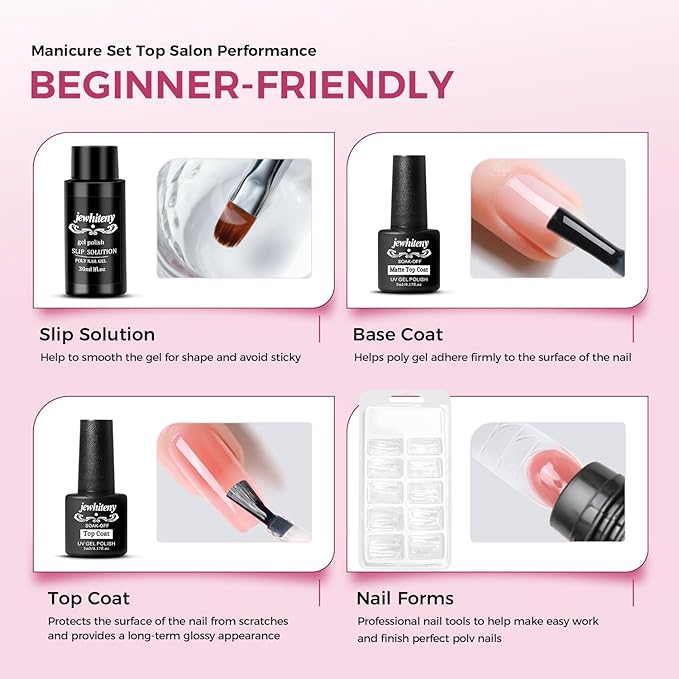 JEWHITENY 28 Colors Poly Nail Gel Kit with Base Top Coat Purple Blue Yellow Nude Pink Glitter Shades Quick-Dry for Beginners DIY Need U V Lamp Curing-BrightBean Baby