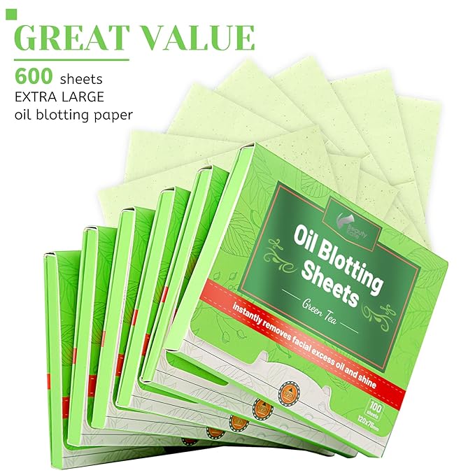 Oil Blotting Sheets for Face - Green Tea,26% Larger,6pk/600 Natural Blotting Paper for Oily Skin,Makeup Friendly Oil Absorbing Sheets,Easy To Grab One-BrightBean Baby