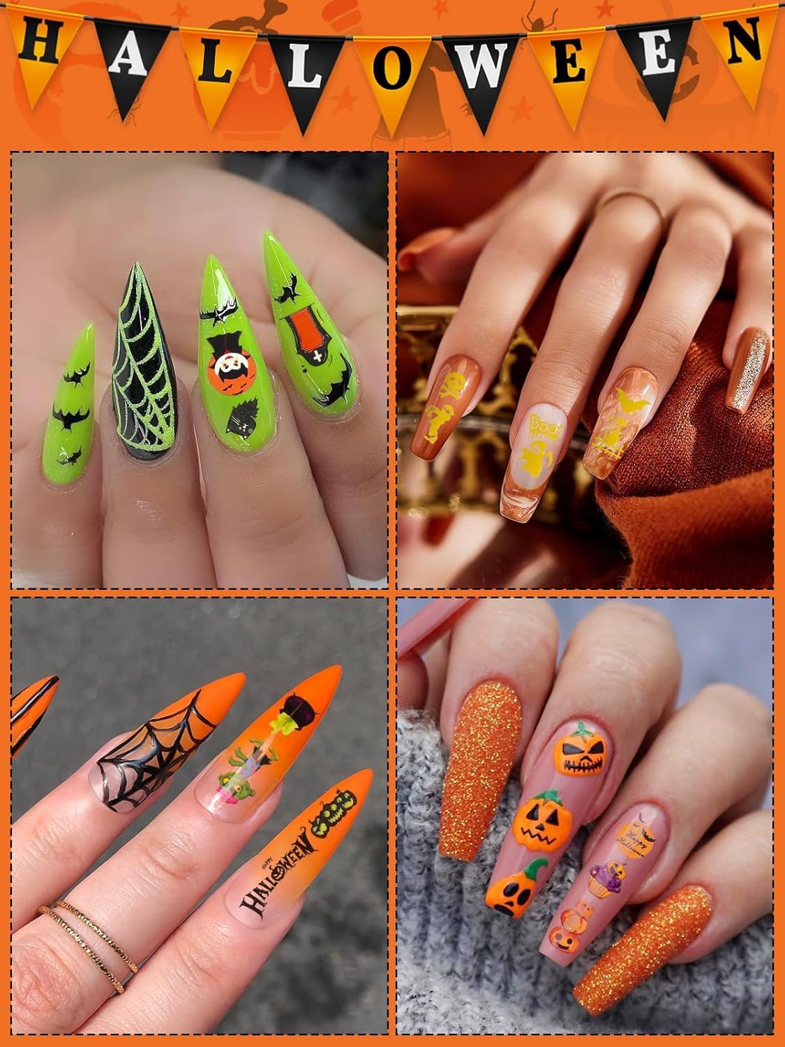 Halloween Nail Art Stickers Decals, Kalolary Self-Adhesive DIY Nail Sticker Decals 3D Design Nail Decorations for Halloween Party Include Pumpkin/Bat/Ghost/Witch(12 Sheets)-BrightBean Baby