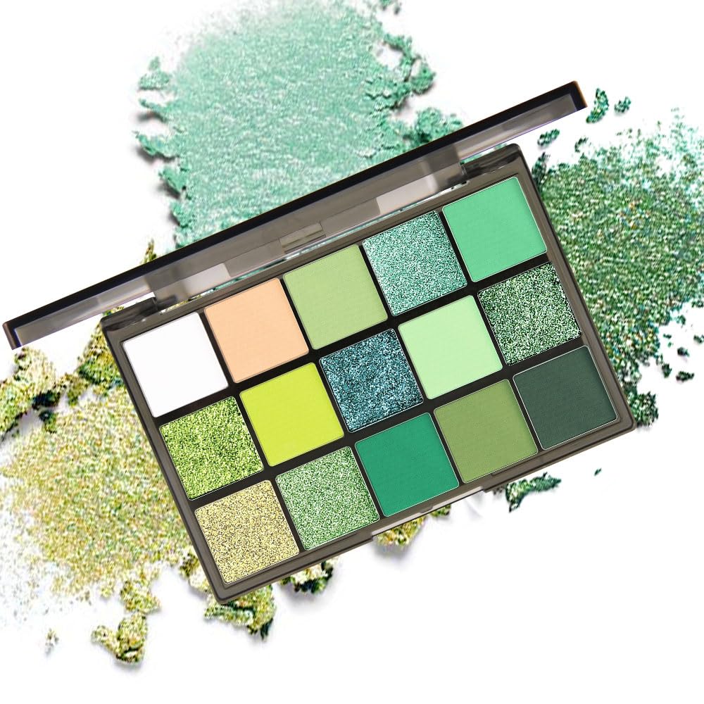 Smokey Green Eye Shadow Makeup Palette,15 Colors Bright Forest Emerald Dark Green Shimmer Matte Makeup Pallet,Long Lasting Waterproof for Daily and Halloween-BrightBean Baby